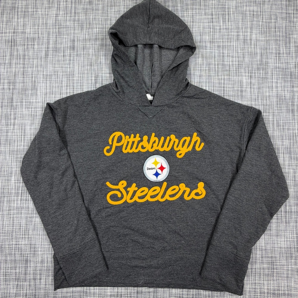 NFL Team Apparel Pittsburgh Steelers Women Medium Gray Hooded Pajama Sleep Top